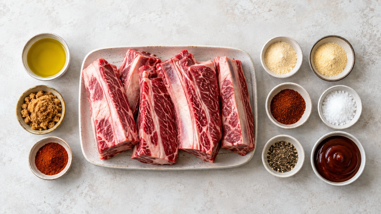 Beef ribs recipe: beef ribs ingredients with dry-rub spices, olive oil, brown sugar, and BBQ sauce arranged in a flat lay.