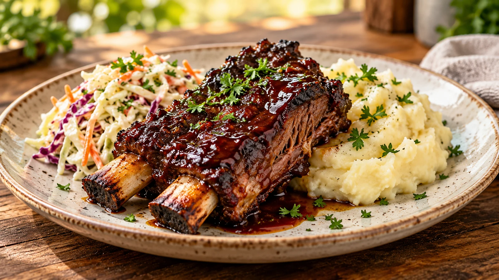 Beef ribs served with creamy coleslaw, mashed potatoes, and chopped parsley.