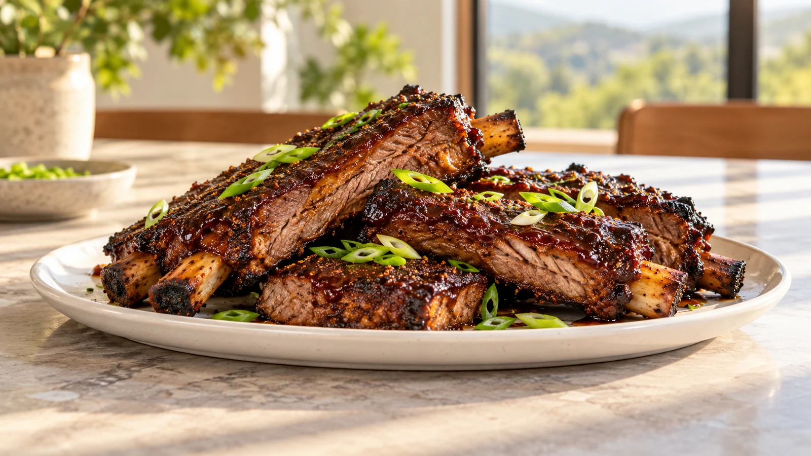 Beef ribs with a sticky caramelized BBQ glaze, charred edges, and sliced scallions on a white platter.