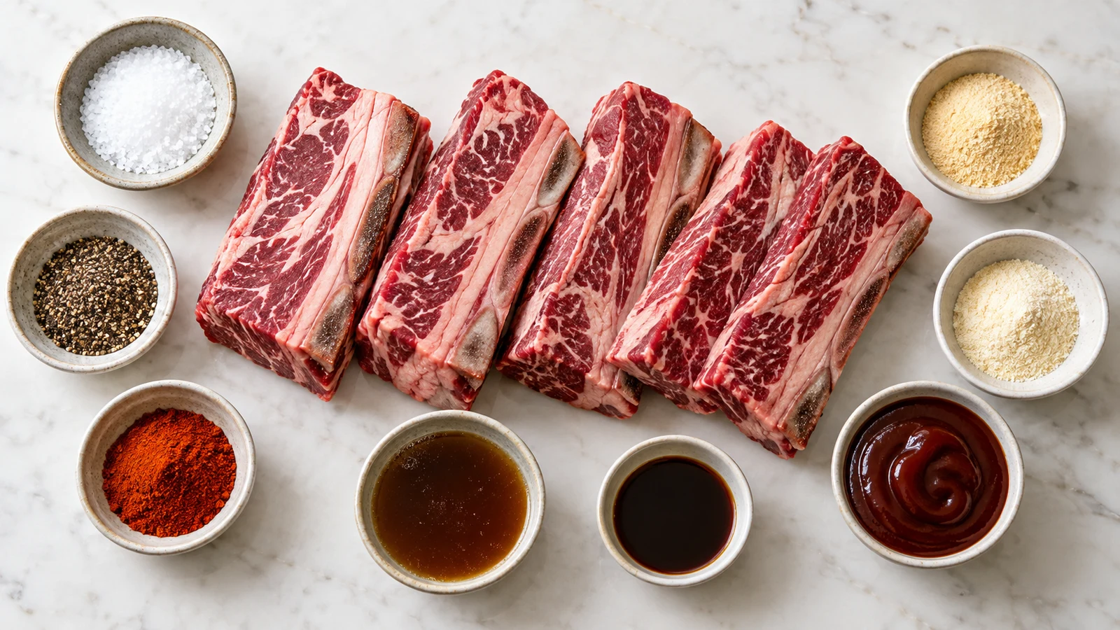 Beef short ribs oven baked recipe: ingredients for beef short ribs oven baked, including seasonings, broth, Worcestershire, and BBQ sauce.