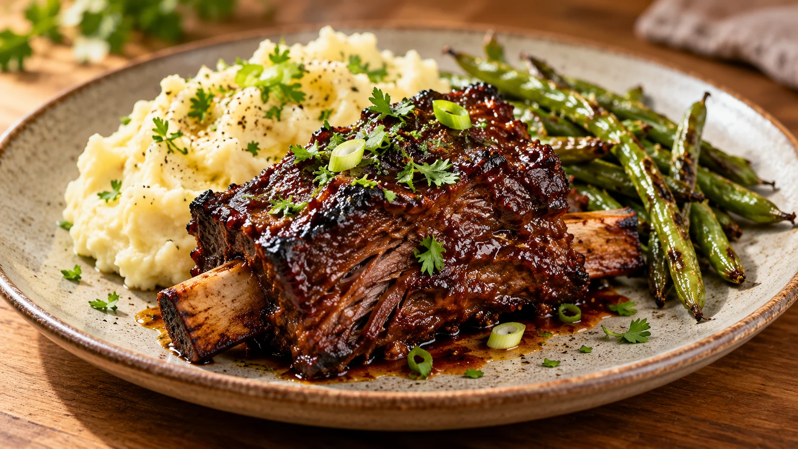 Beef short ribs oven baked served with creamy mashed potatoes, roasted green beans, parsley, and scallions.