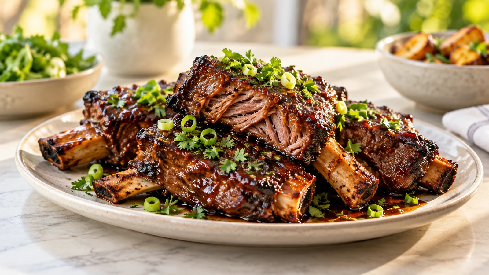 Beef short ribs oven baked with glossy BBQ glaze, caramelized edges, parsley, and scallions.