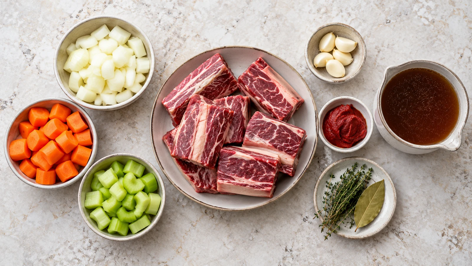 Beef short ribs recipe: beef short ribs ingredients arranged with vegetables, herbs, tomato paste, and broth.