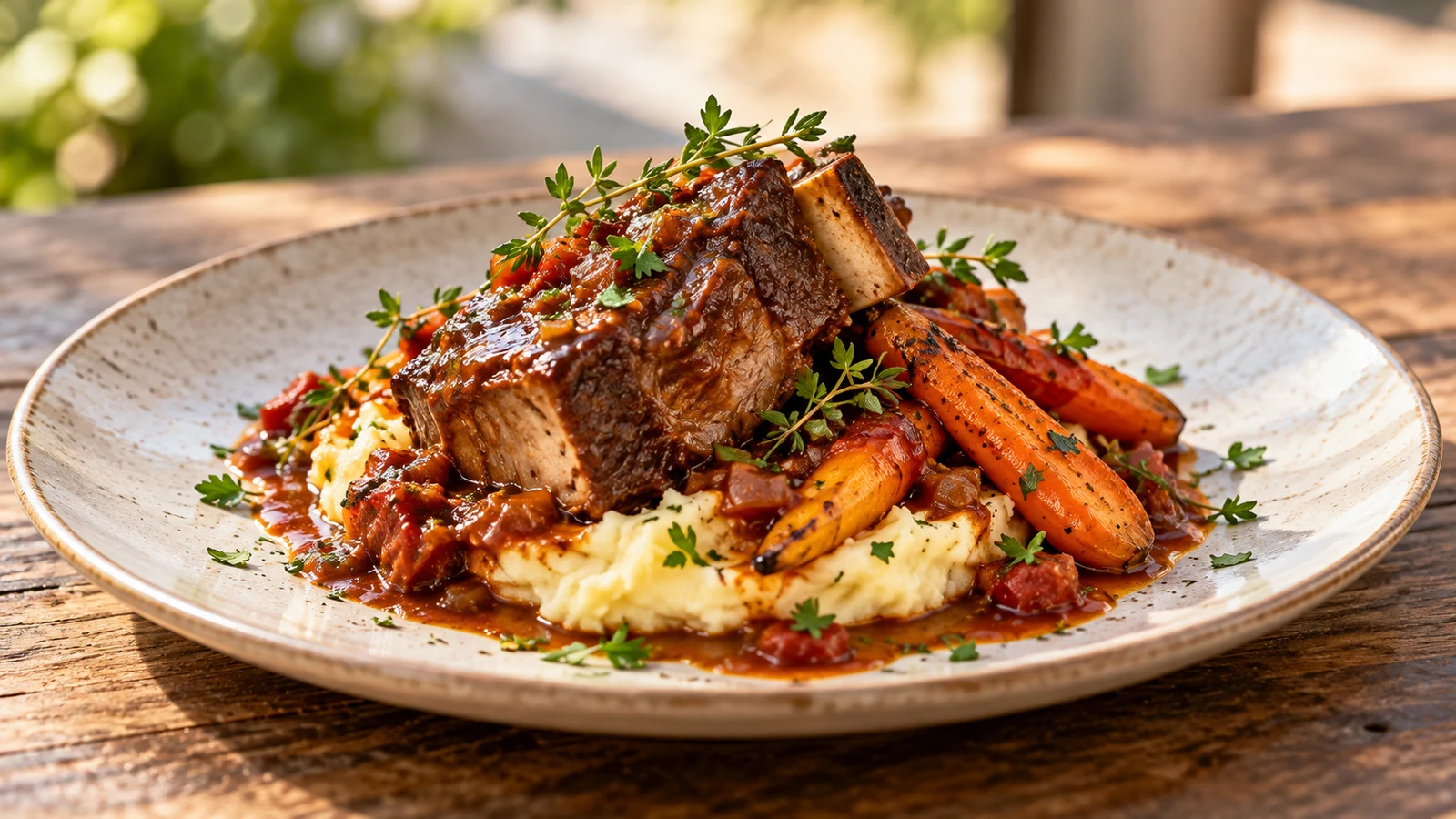 Beef short ribs served over creamy mashed potatoes with roasted carrots and herbs.