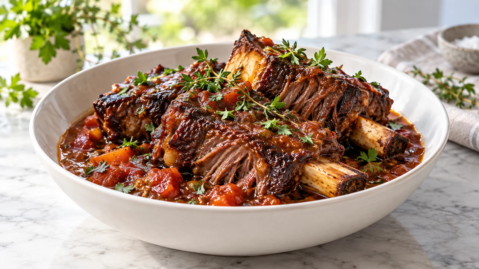 Beef short ribs glazed with rich sauce and garnished with fresh thyme and parsley.