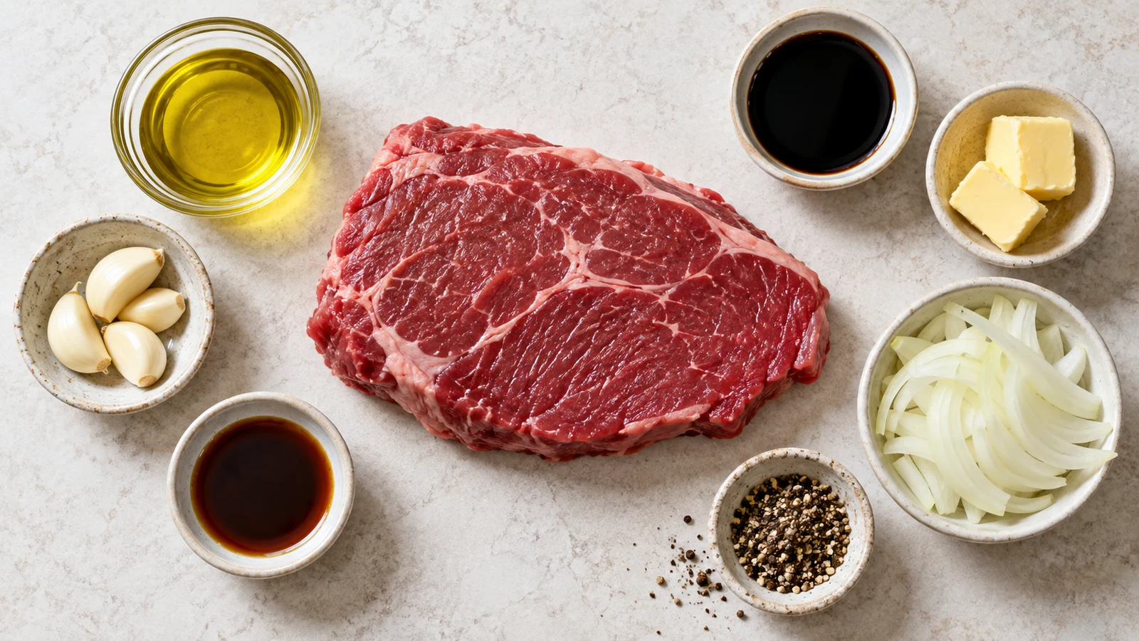 Beef sirloin tip steak recipes: ingredients for beef sirloin tip steak arranged in a bright, organized flat lay.