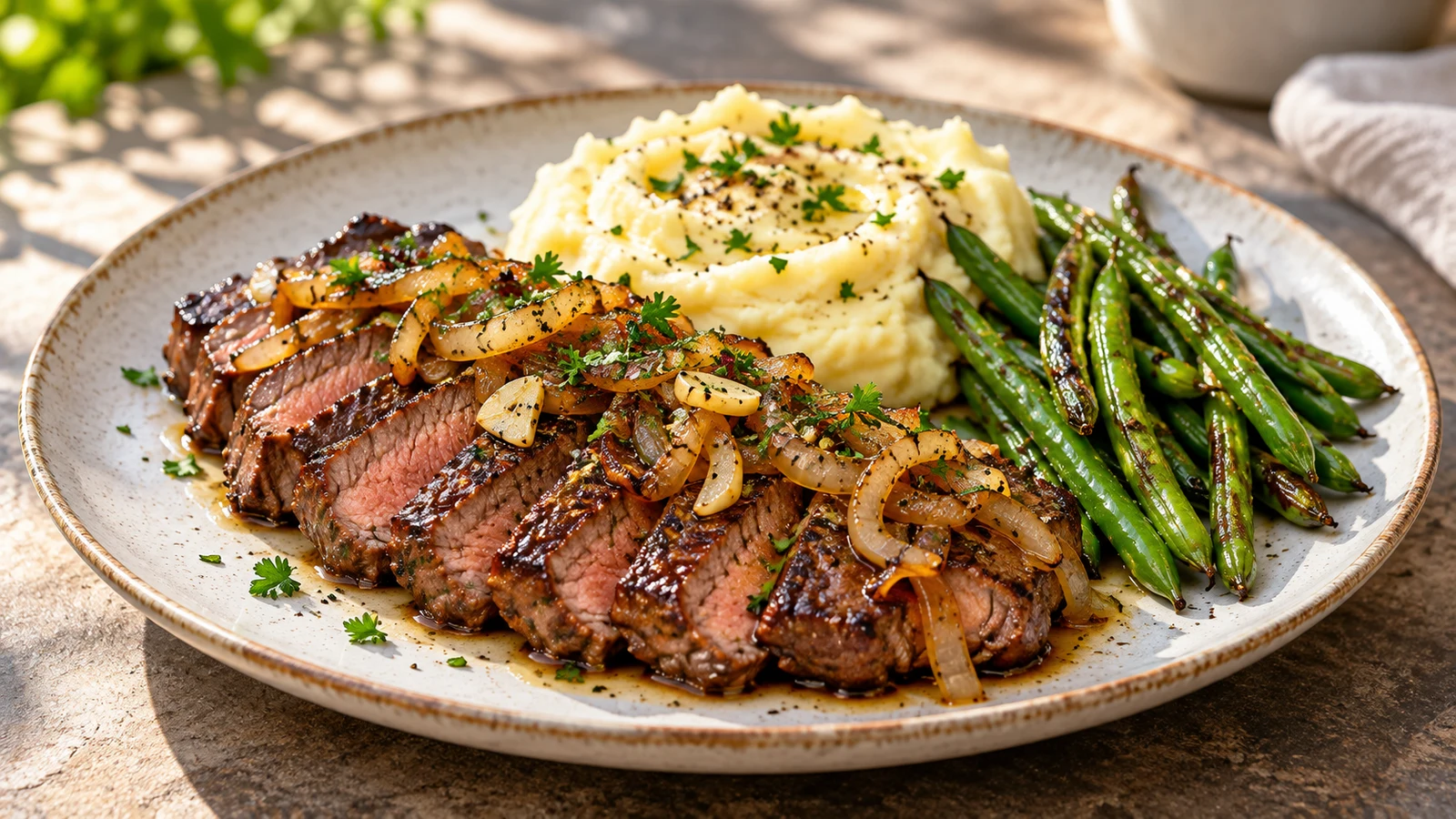 Beef sirloin tip steak served with buttery onions, mashed potatoes, and green beans.