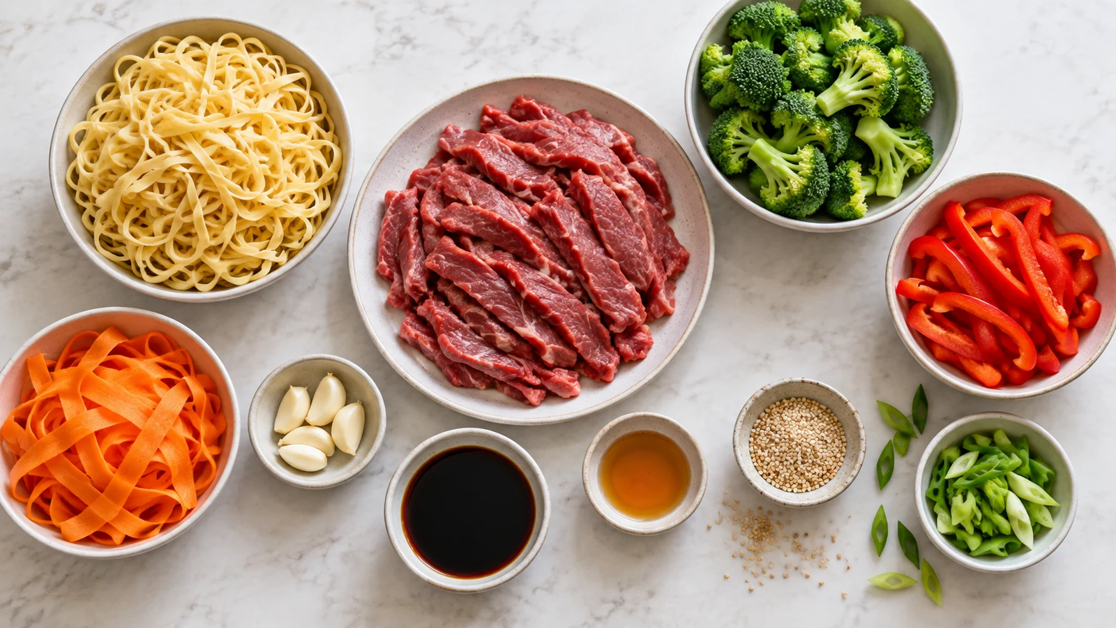 Ingredients for beef stir fry recipe with noodles
