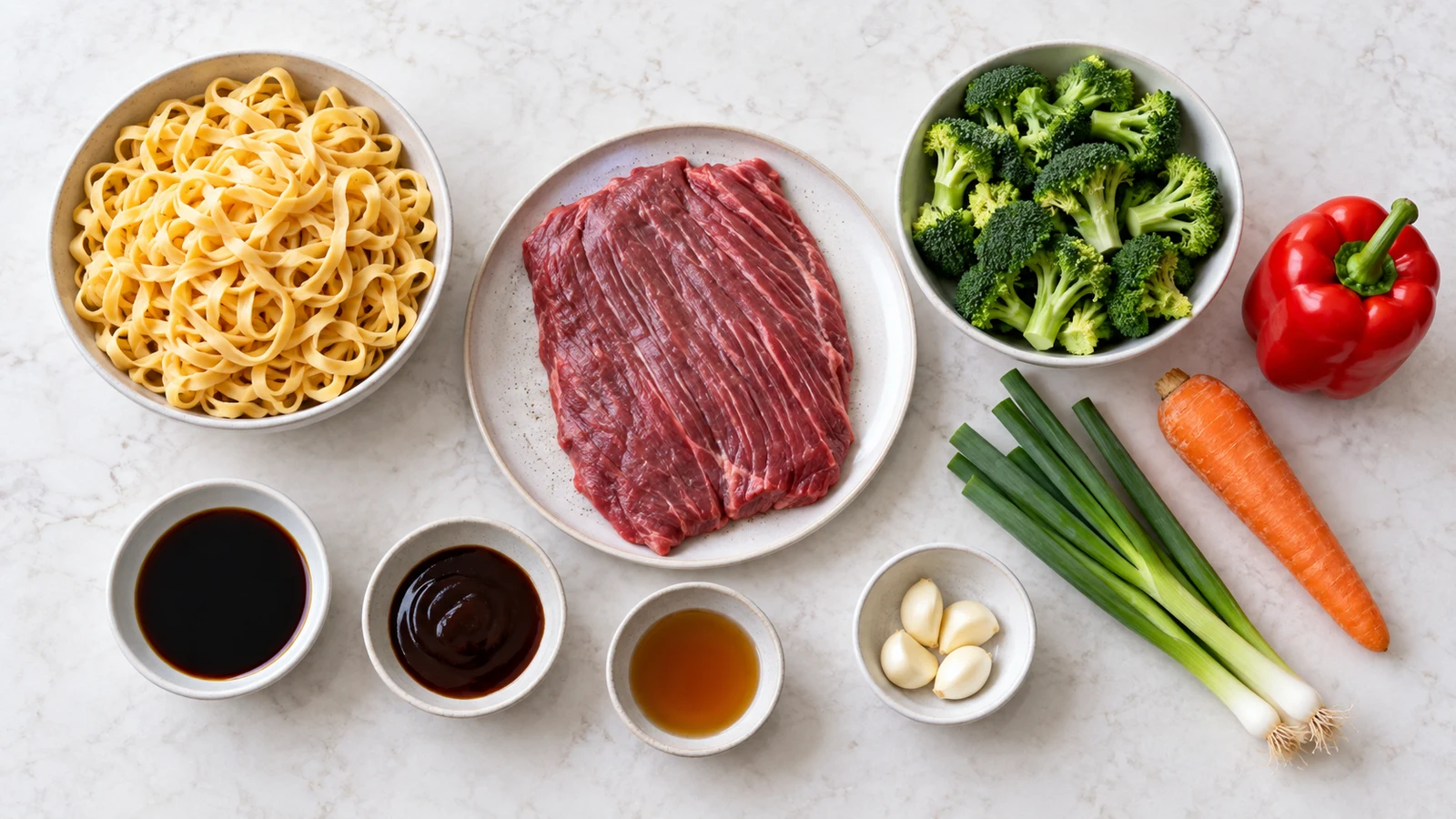 Ingredients for beef stir fry recipe with noodles