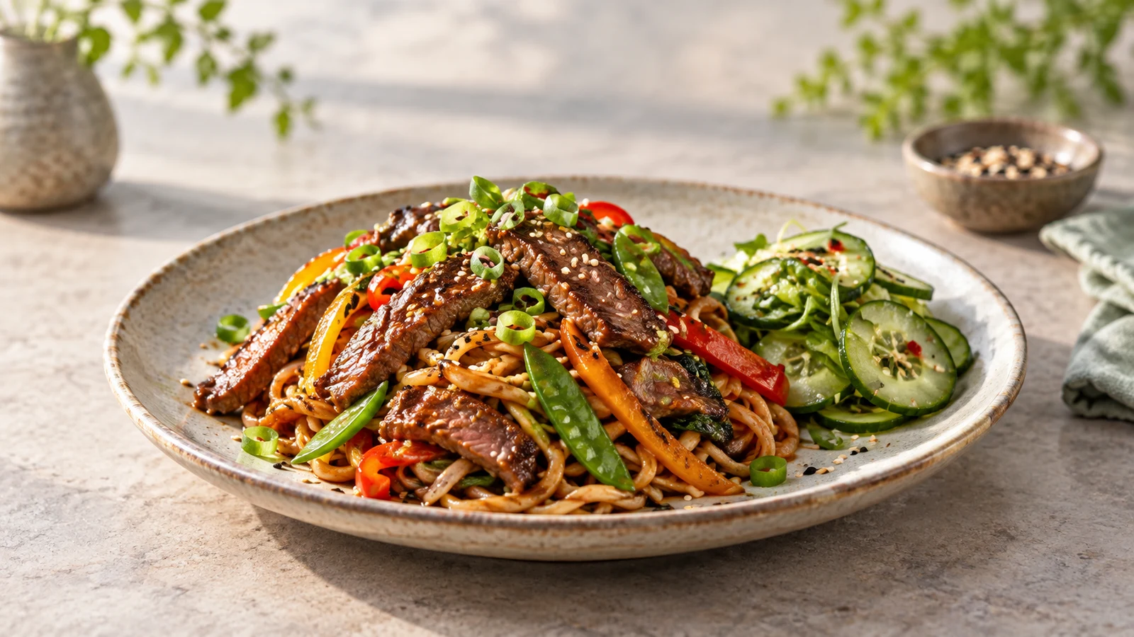 Beef stir fry recipe with noodles plated and served