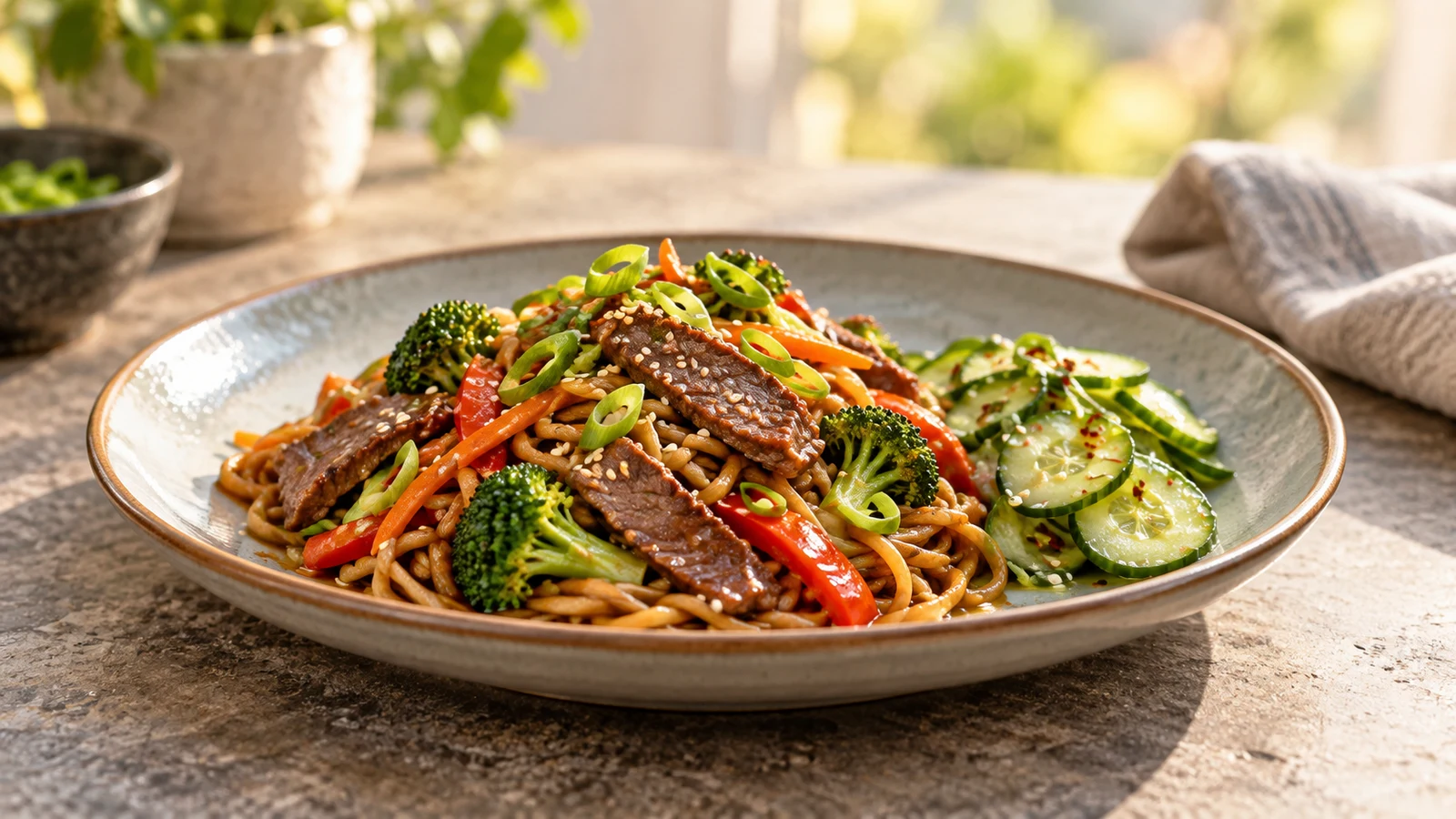 Beef stir fry recipe with noodles plated and served