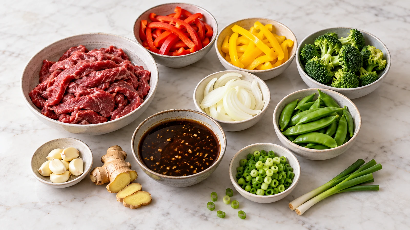 Beef stir fry recipes: beef stir fry ingredients arranged with flank steak, fresh vegetables, aromatics, and soy-based sauce.