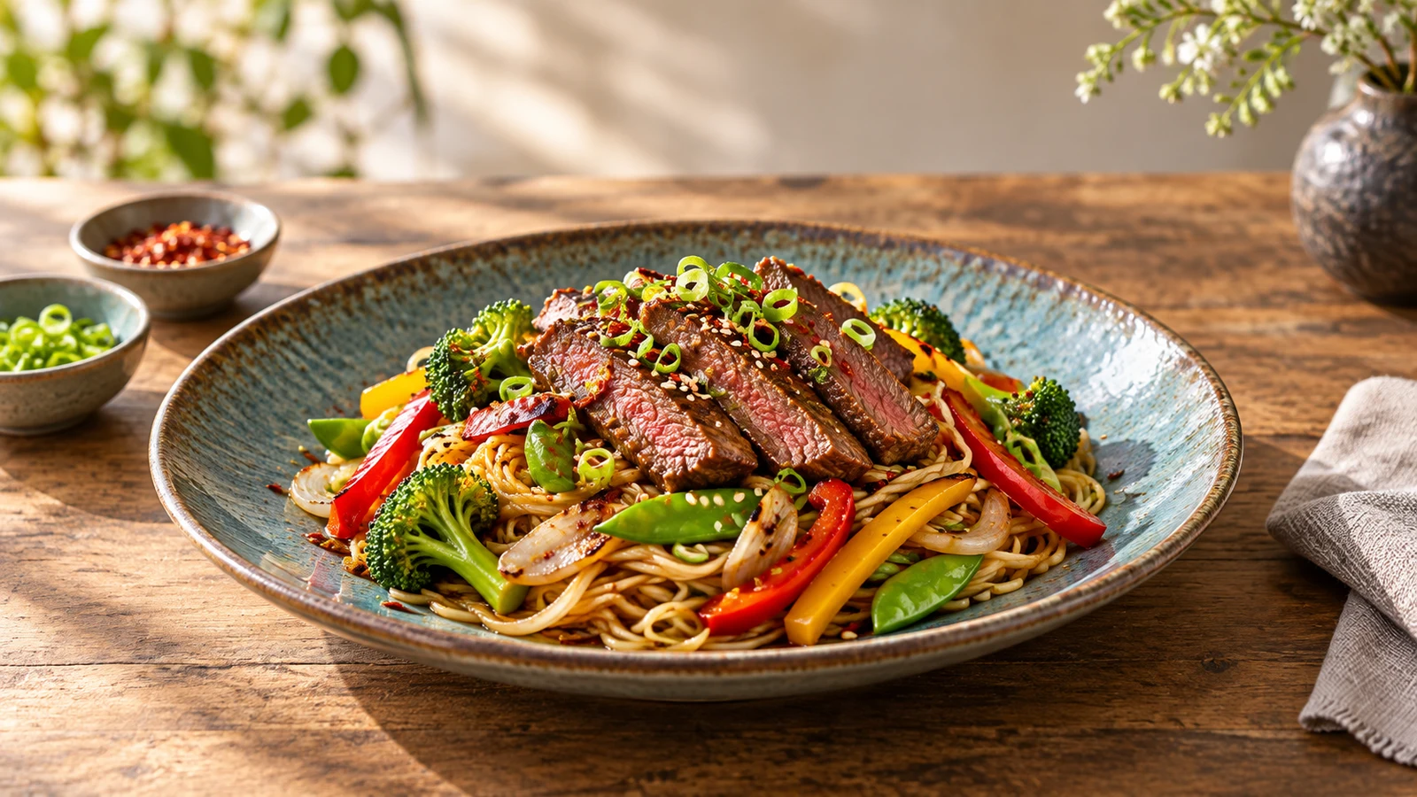 Beef stir fry served over noodles with crisp vegetables, scallions, sesame seeds, and red pepper flakes.