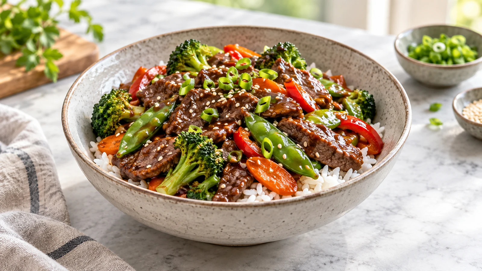 Glossy beef stir fry sauce with tender beef, crisp vegetables, sesame seeds and green onions over rice.