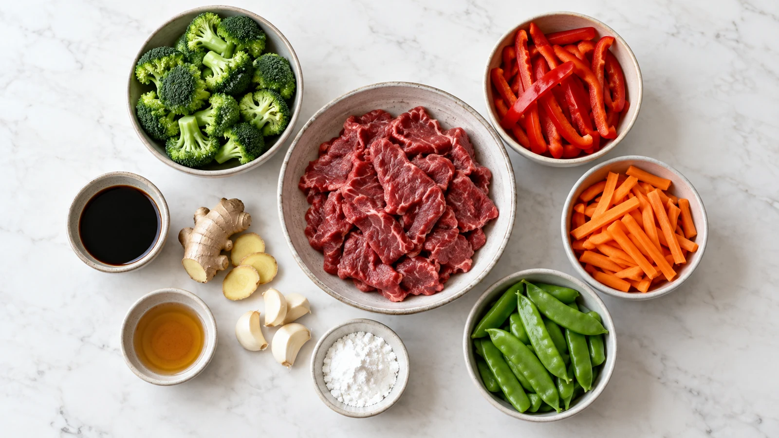 Beef stir fry sauce recipe: ingredients for beef stir fry sauce, including sliced beef, soy sauce, ginger, garlic and fresh vegetables.