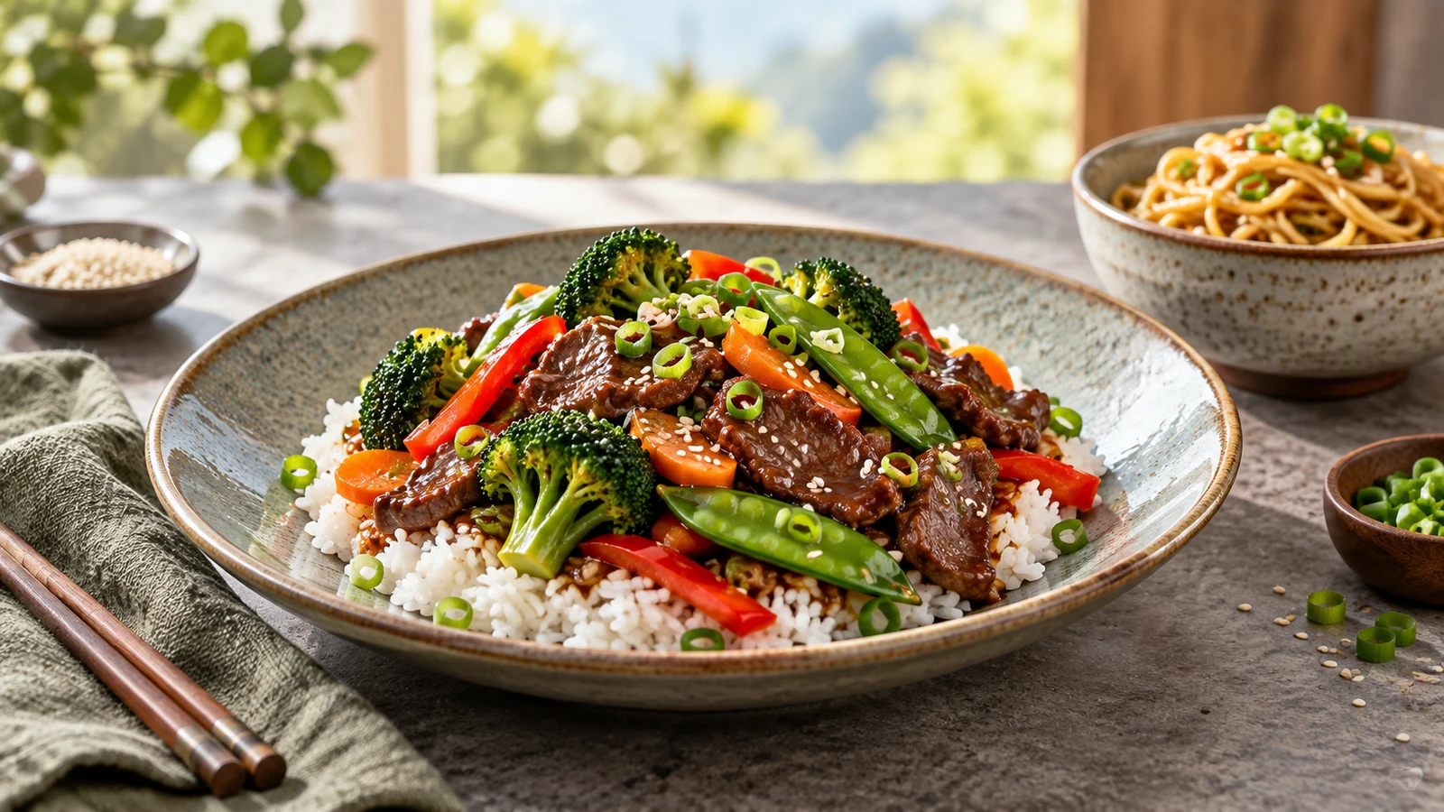 Beef stir fry sauce served with colorful vegetables, steamed white rice, sesame seeds and green onions.
