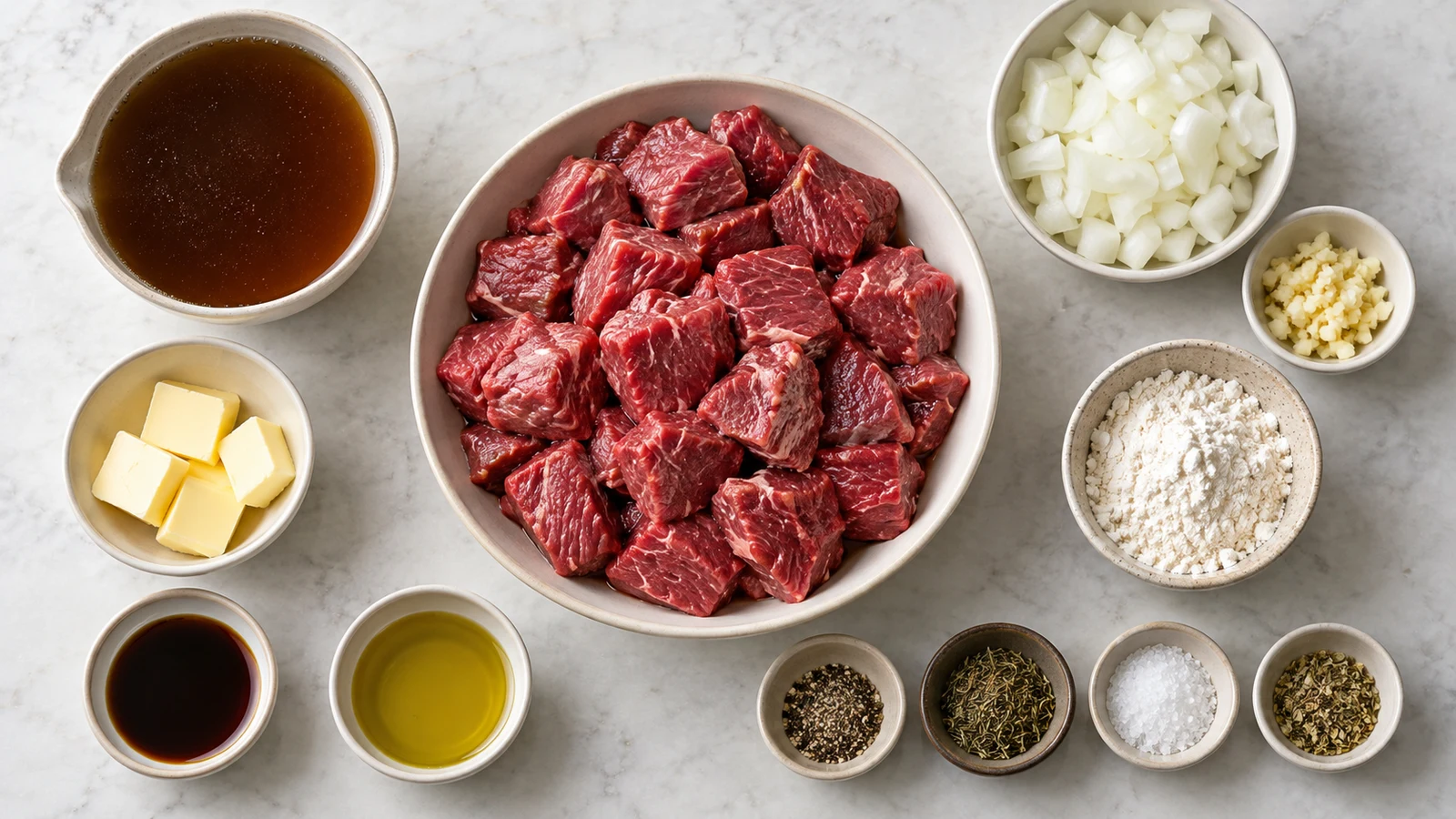 Beef tips and gravy recipe: ingredients for beef tips and gravy arranged neatly in a bright top-down flat lay.