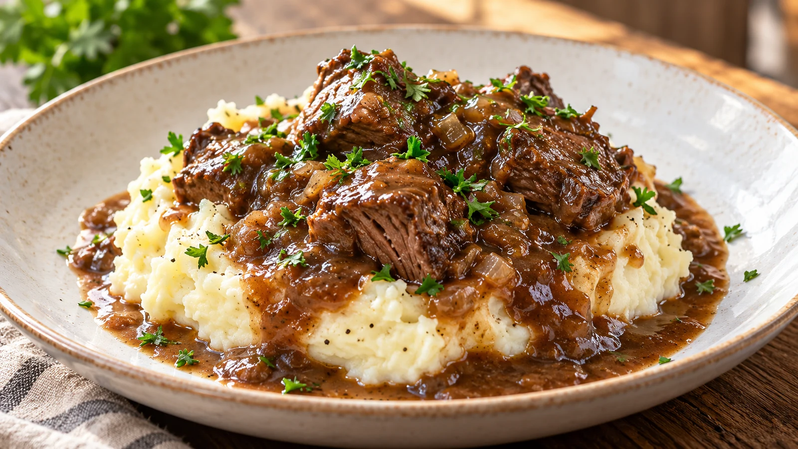 Beef tips and gravy served over creamy mashed potatoes with chopped parsley.