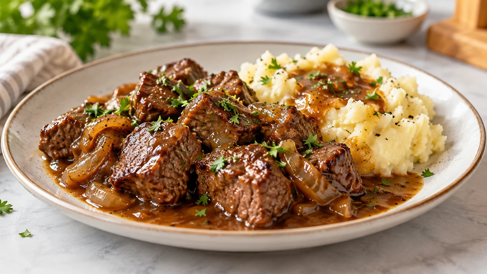 Beef tips and gravy beside creamy mashed potatoes, topped with fresh parsley.