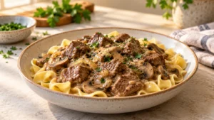 Easy beef tips and noodles recipe with irresistible gravy