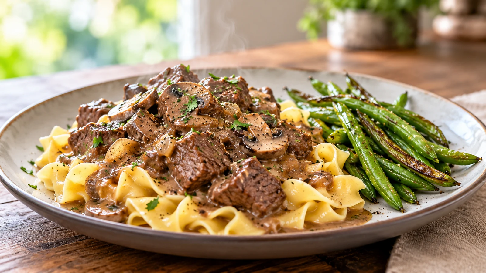 Beef tips and noodles plated with mushroom gravy, fresh parsley, and roasted green beans.