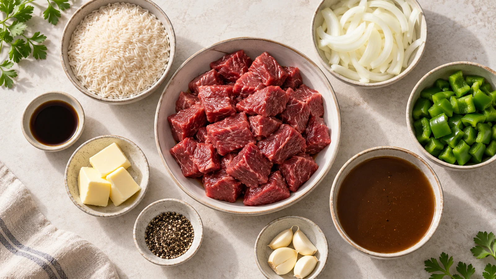 Beef tips and rice recipe: beef tips and rice ingredients arranged in a bright, organized flat lay on a light surface.
