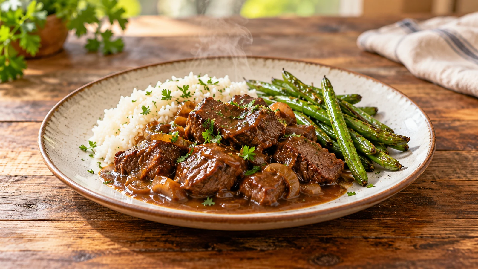 Beef tips and rice served with rich gravy, chopped parsley, and roasted green beans.