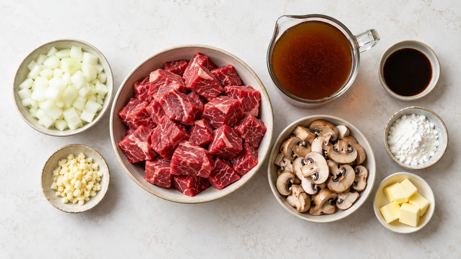 Beef tips crock pot recipe: beef tips crock pot ingredients with beef, mushrooms, onion, garlic, broth, cornstarch, sauce, and butter.