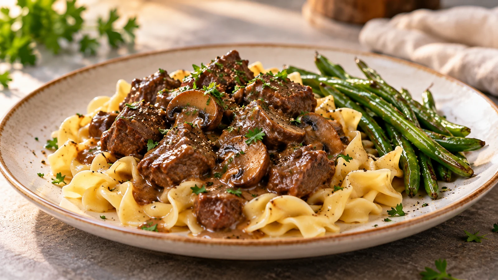 Beef tips crock pot served over noodles with mushroom gravy, parsley, black pepper, and roasted green beans.