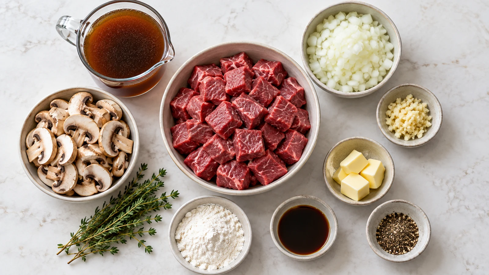 Beef tips recipe: beef tips ingredients arranged with sirloin, broth, onion, garlic, mushrooms, flour, thyme, and butter.