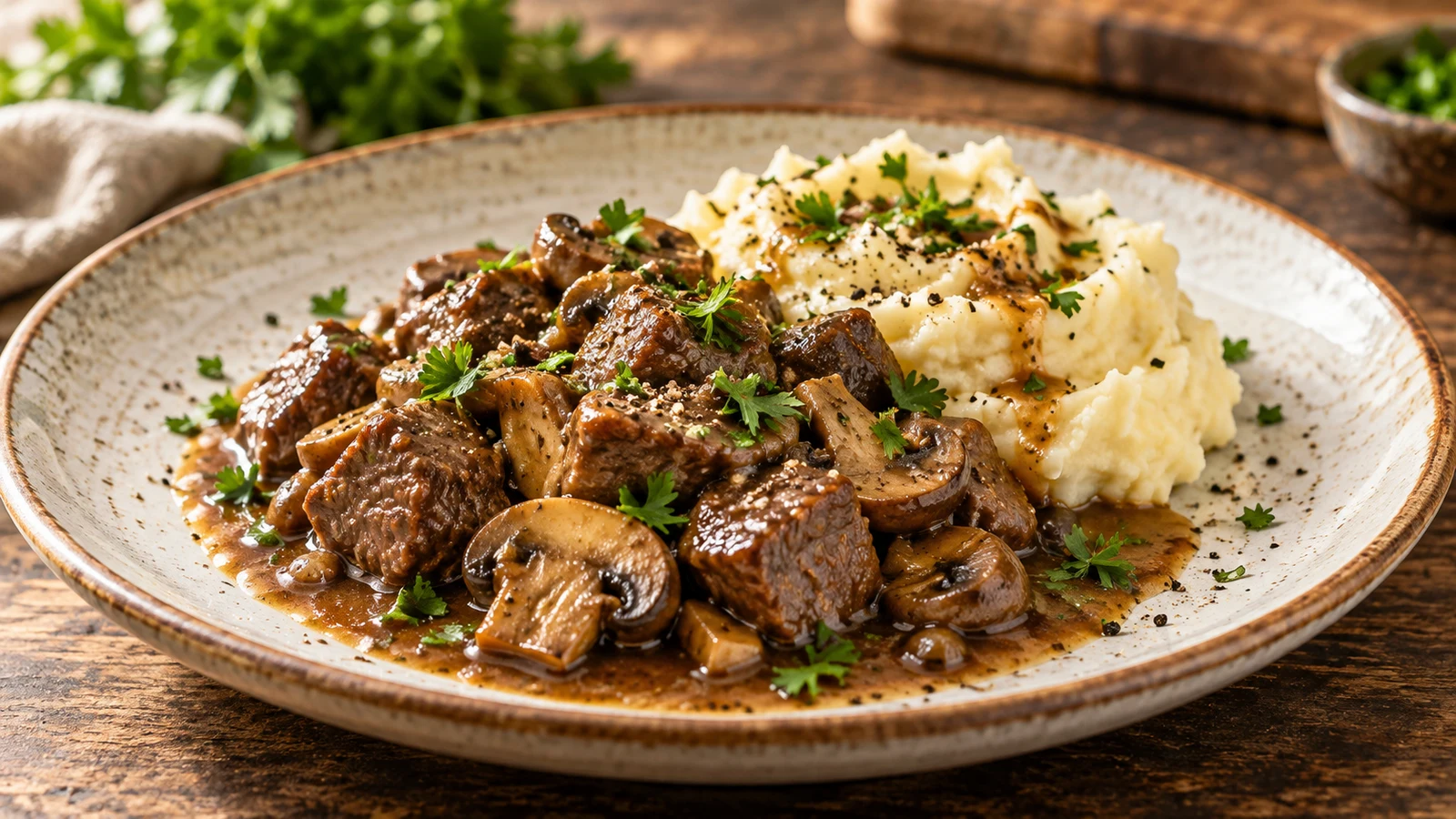 Beef tips in rich mushroom gravy served with creamy mashed potatoes, parsley, and cracked black pepper.