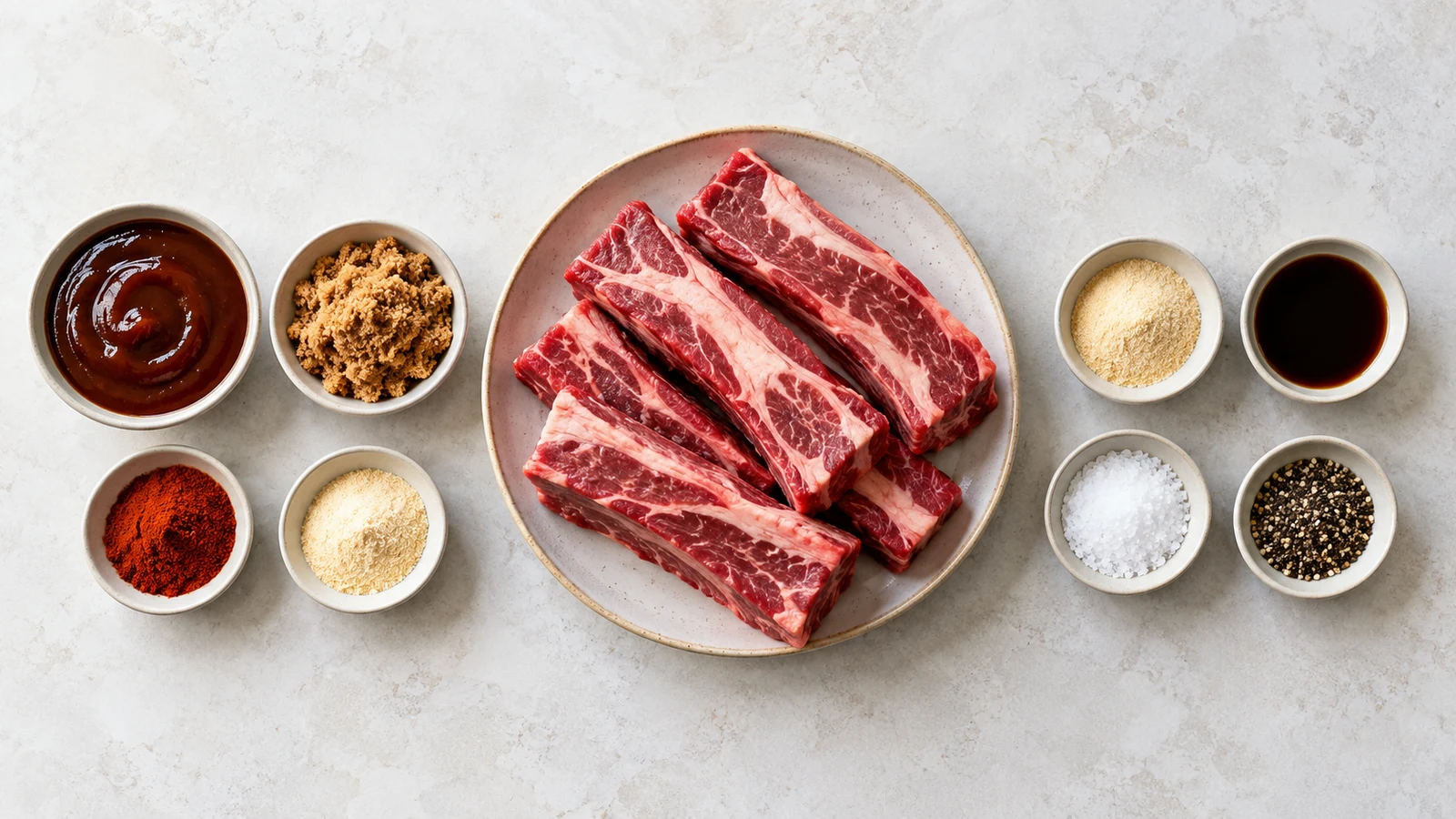 Boneless beef ribs recipe: boneless beef ribs ingredients arranged in bowls with BBQ sauce, sugar, spices, and seasonings.