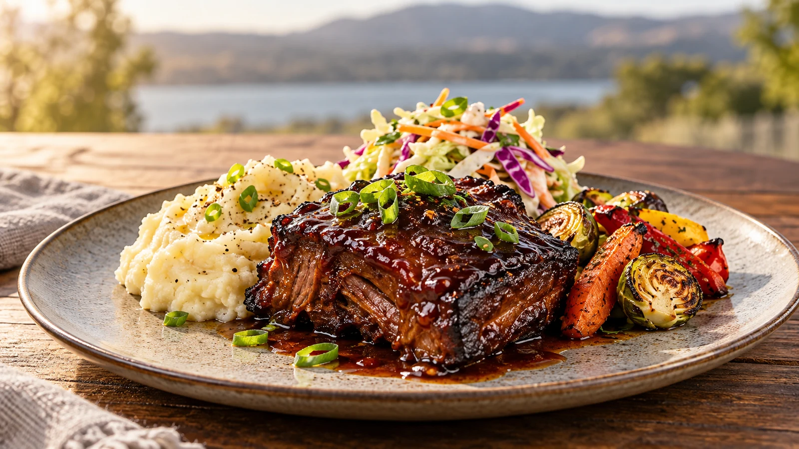Boneless beef ribs served with mashed potatoes, crisp coleslaw, roasted vegetables, and scallions.