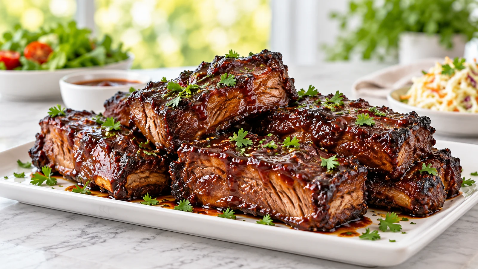 Boneless beef ribs with glossy BBQ glaze and chopped parsley on a white serving platter.