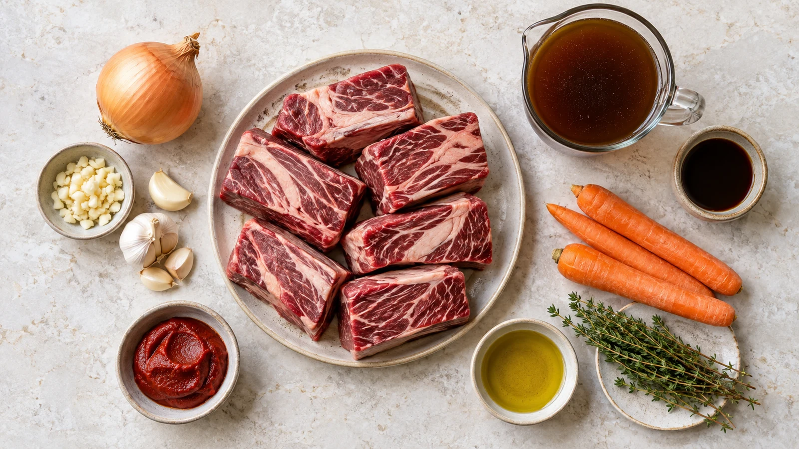 Boneless beef short ribs recipe: ingredients for boneless beef short ribs arranged in a bright, organized flat lay.