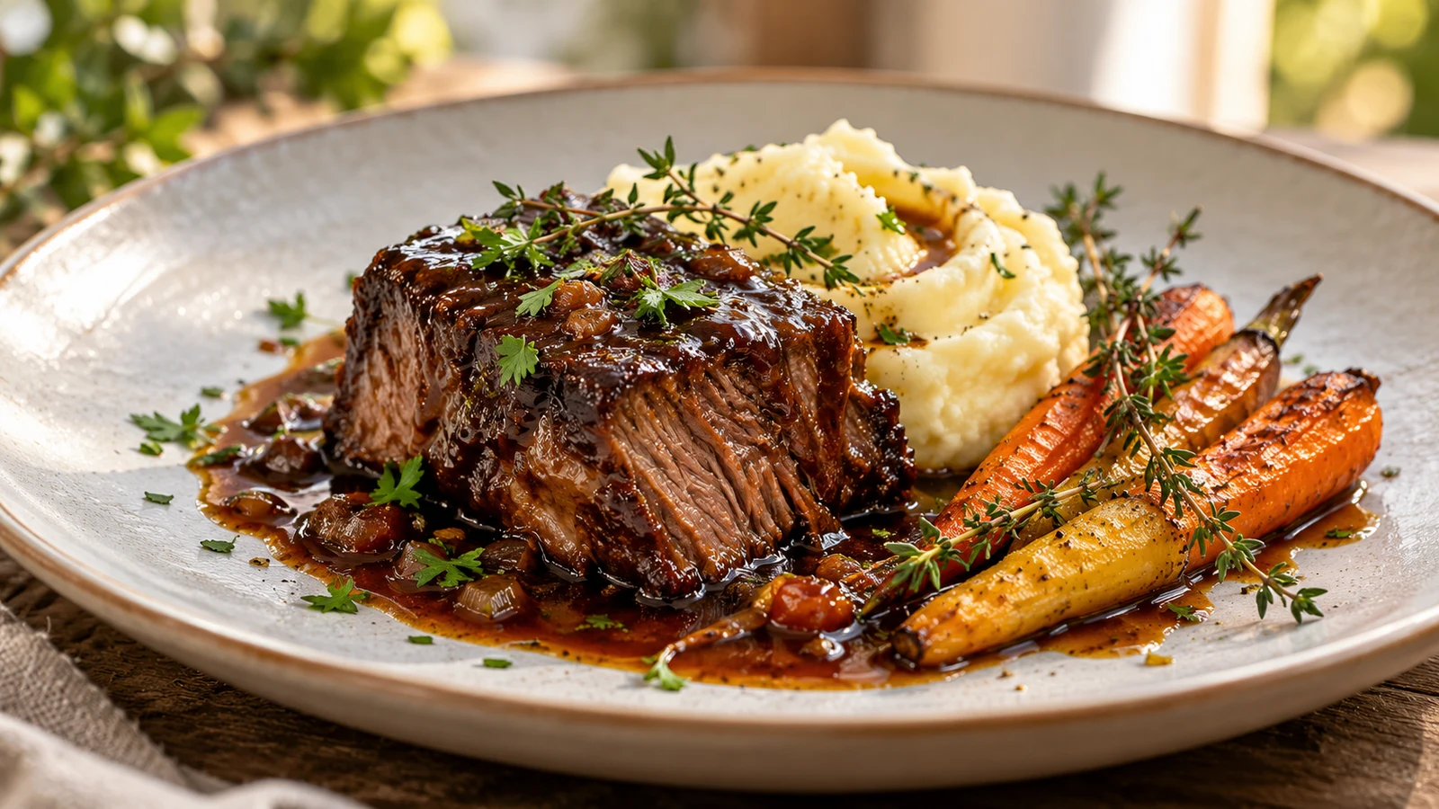 Boneless beef short ribs served with creamy mashed potatoes and roasted carrots.
