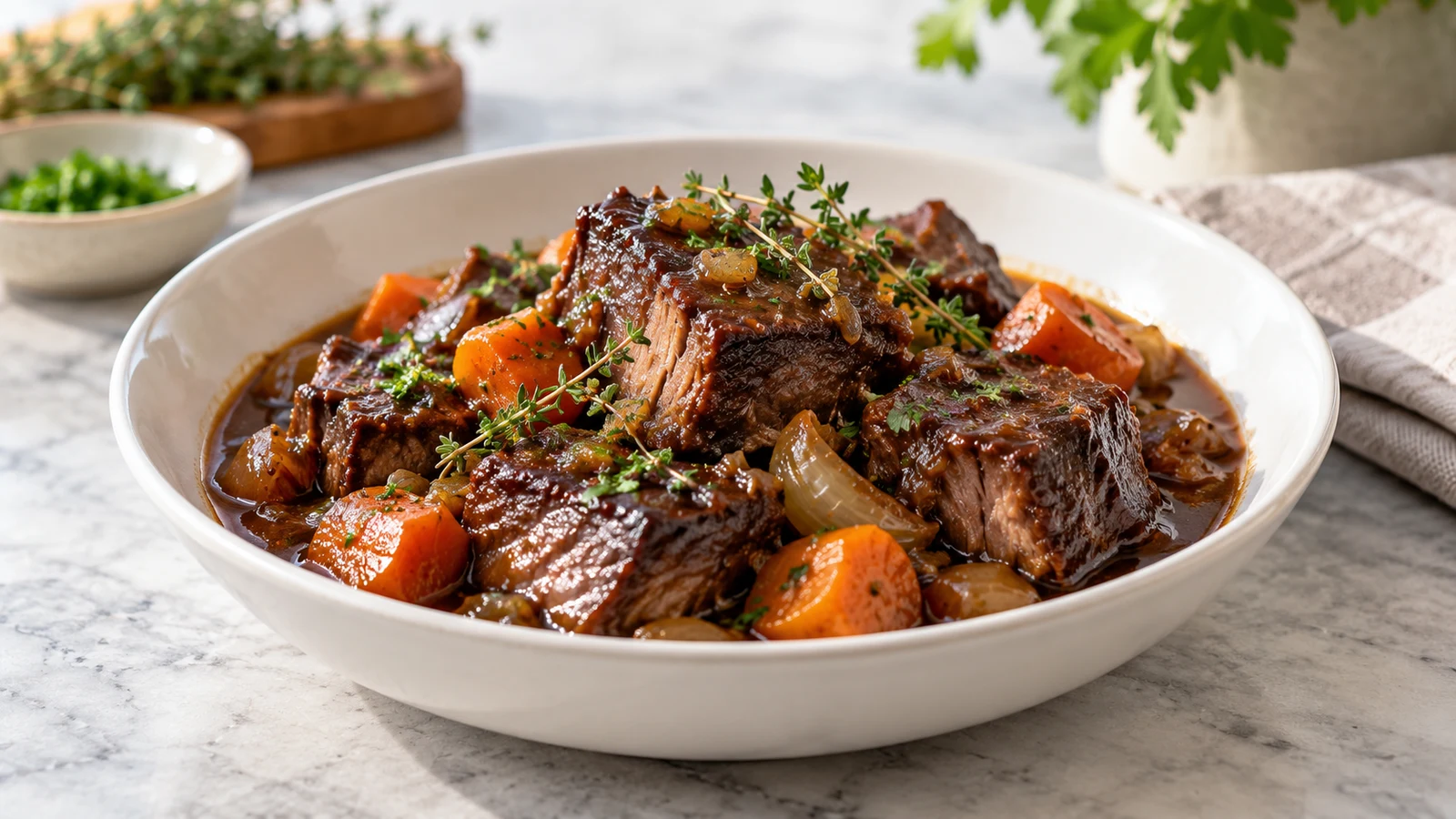 Boneless beef short ribs glazed in glossy sauce with carrots, parsley, and thyme.