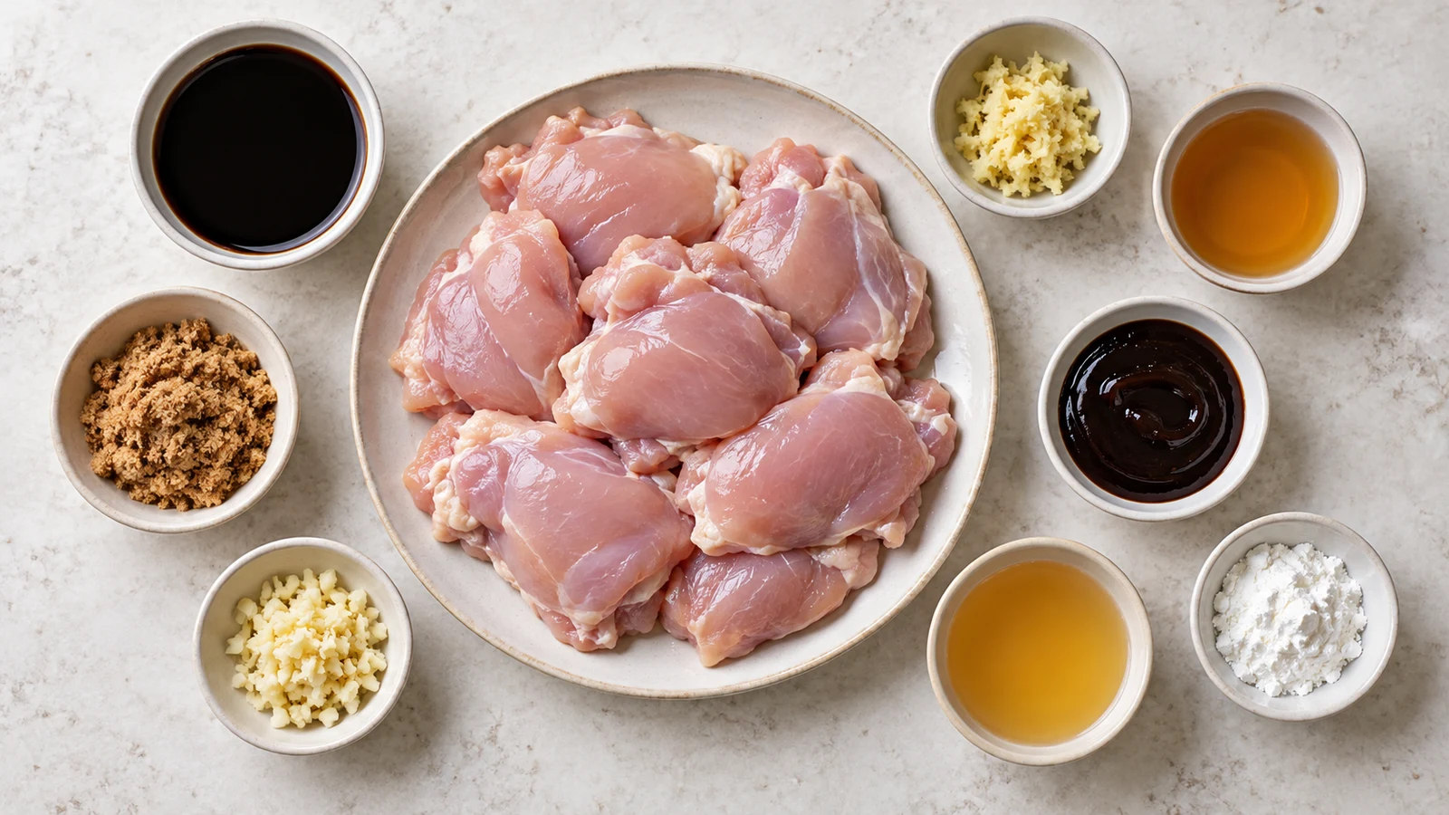 Bourbon Chicken Chinese ingredients arranged in bowls on a bright, clean surface.