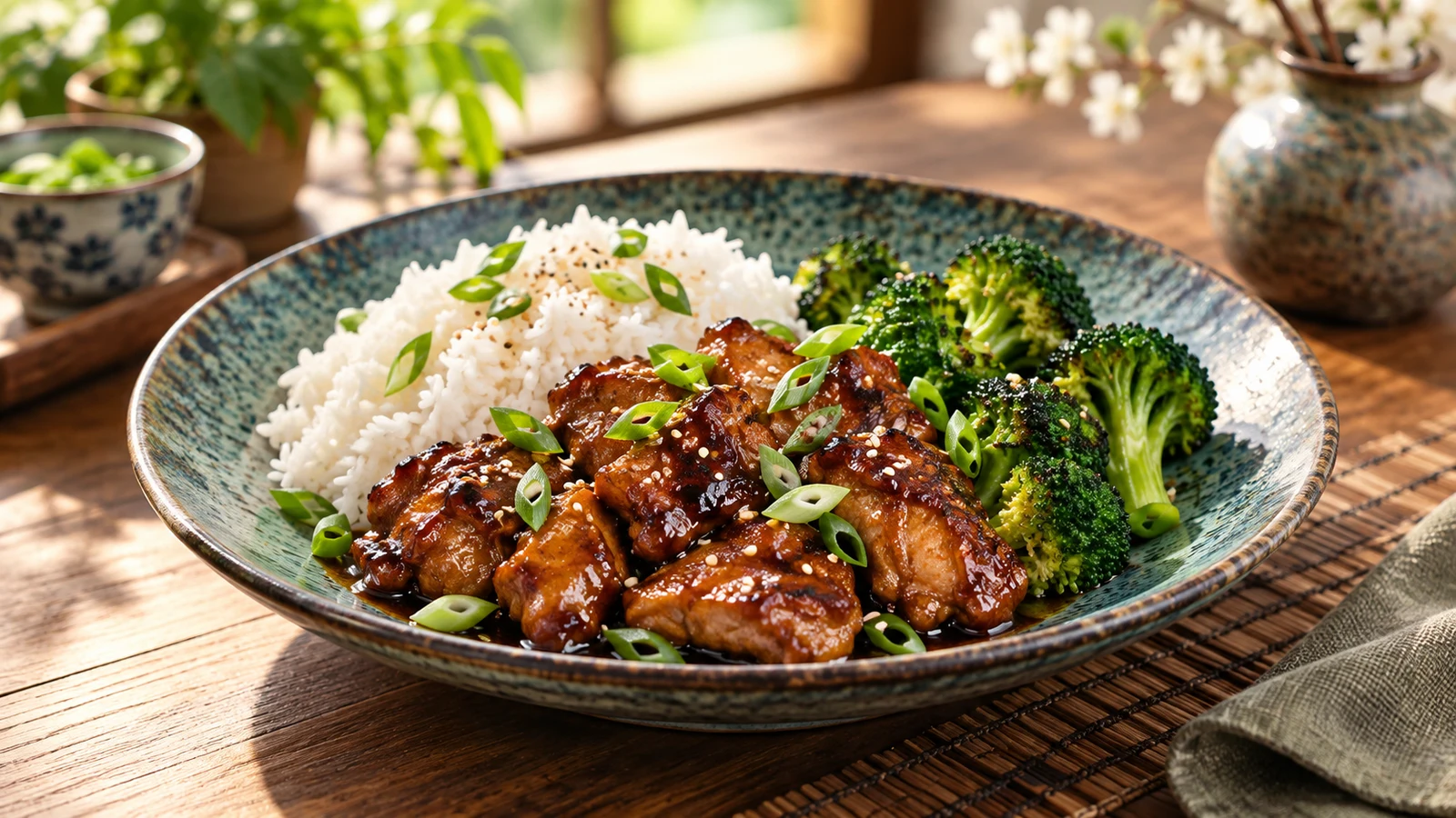 Bourbon Chicken Chinese served with steamed white rice, broccoli, green onions, and sesame seeds.