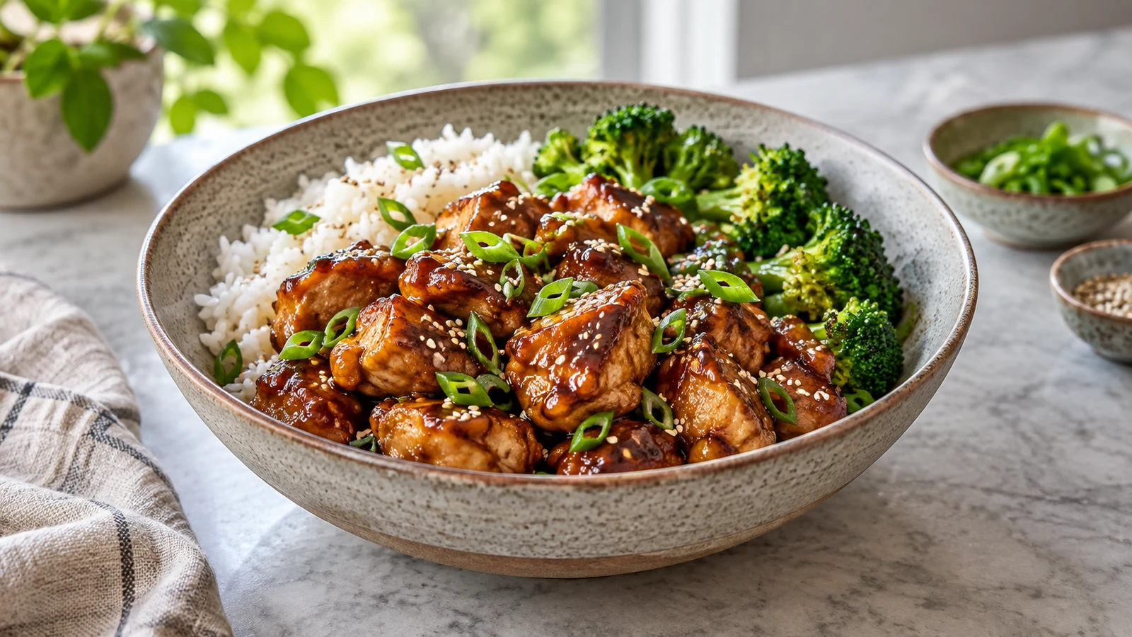 Bourbon Chicken Chinese with glossy chicken, green onions, sesame seeds, rice, and broccoli.