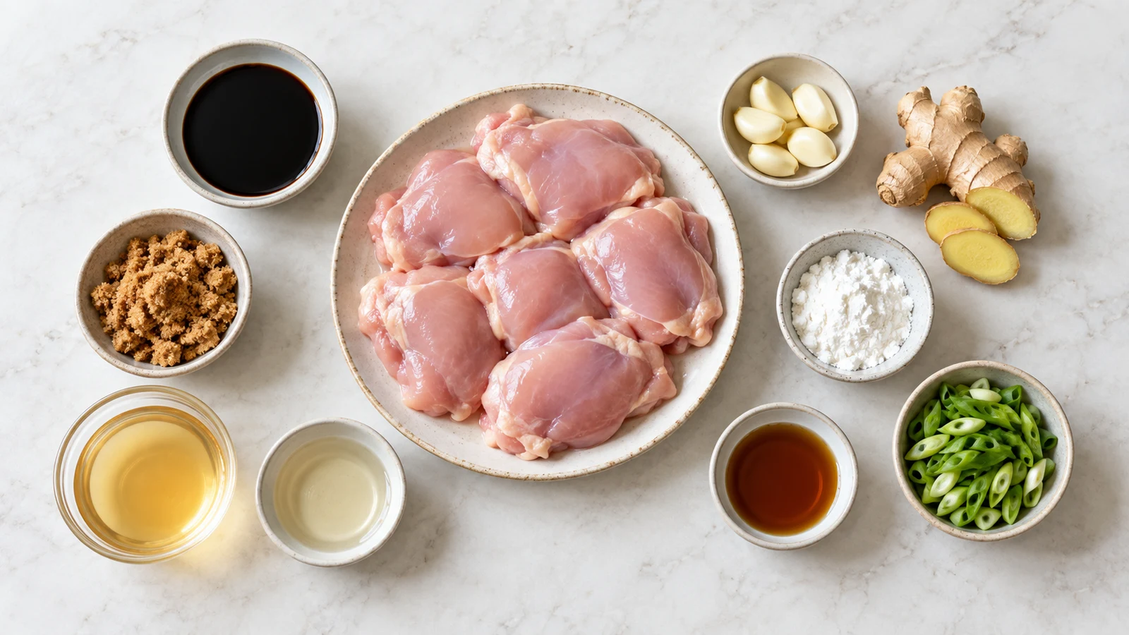 Ingredients for bourbon sauce for chicken arranged in a bright, organized flat lay.