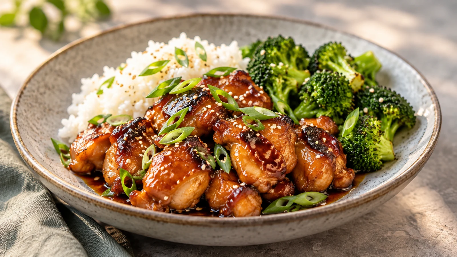 Bourbon sauce for chicken served with steamed white rice and bright green broccoli.