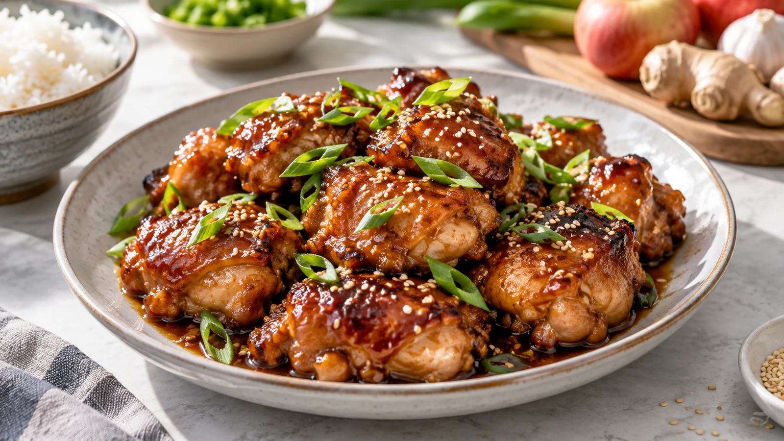 Bourbon sauce for chicken with glossy amber glaze, green onions, and sesame seeds.