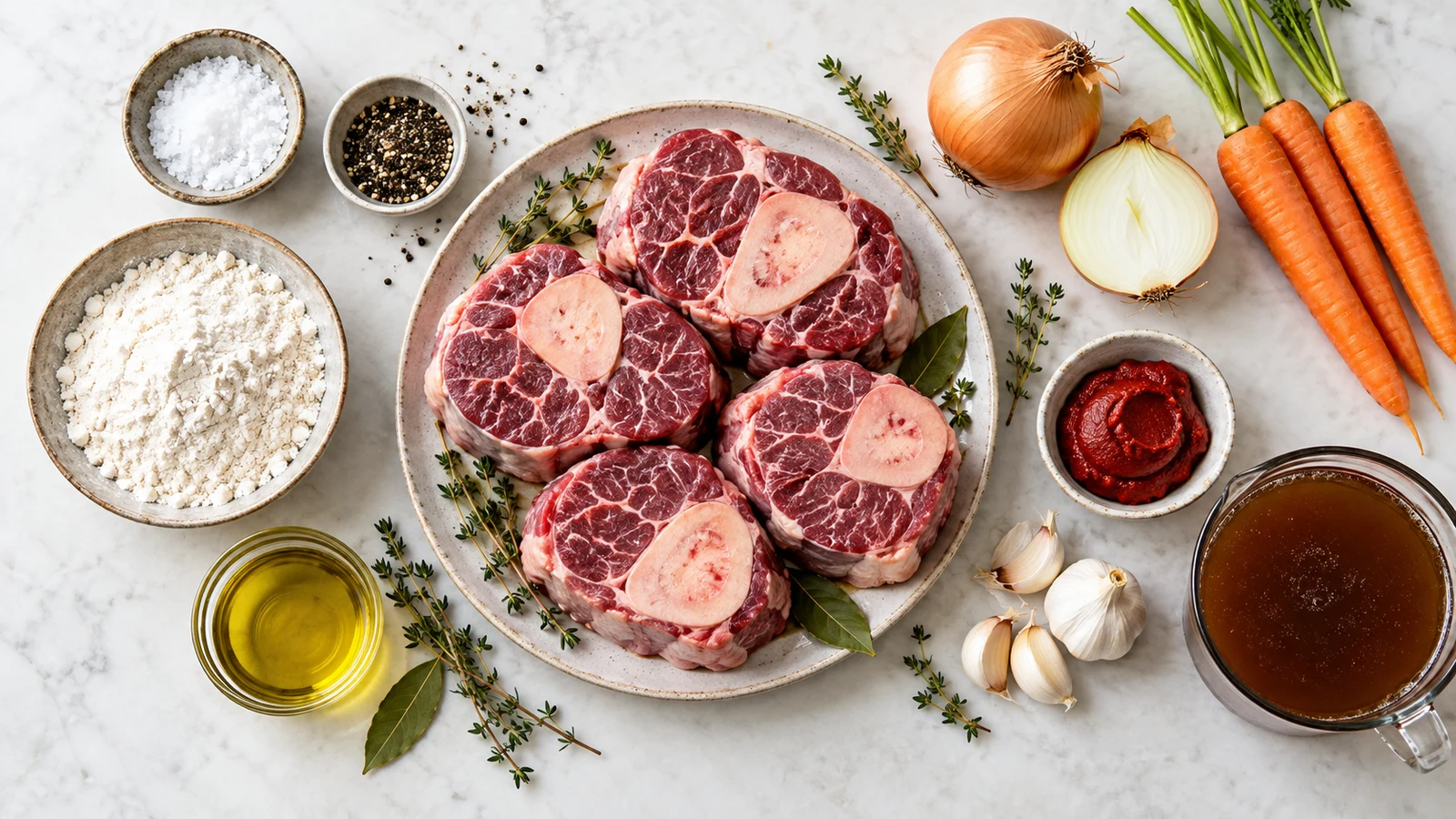 Braised beef shank recipe: braised beef shank ingredients arranged neatly with vegetables, seasonings, flour, oil, and beef stock.