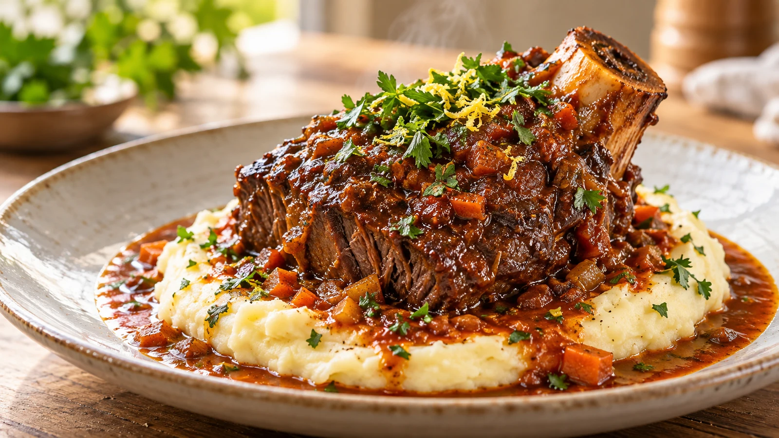 Braised beef shank served with creamy mashed potatoes, rich sauce, and fresh parsley gremolata.
