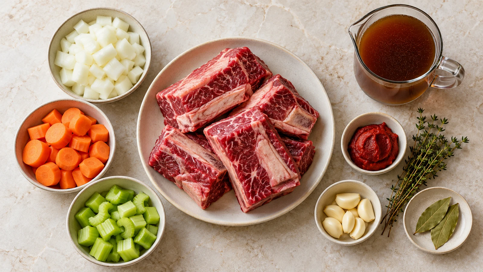 Braised beef short ribs recipe: ingredients for braised beef short ribs arranged neatly on a light stone surface.