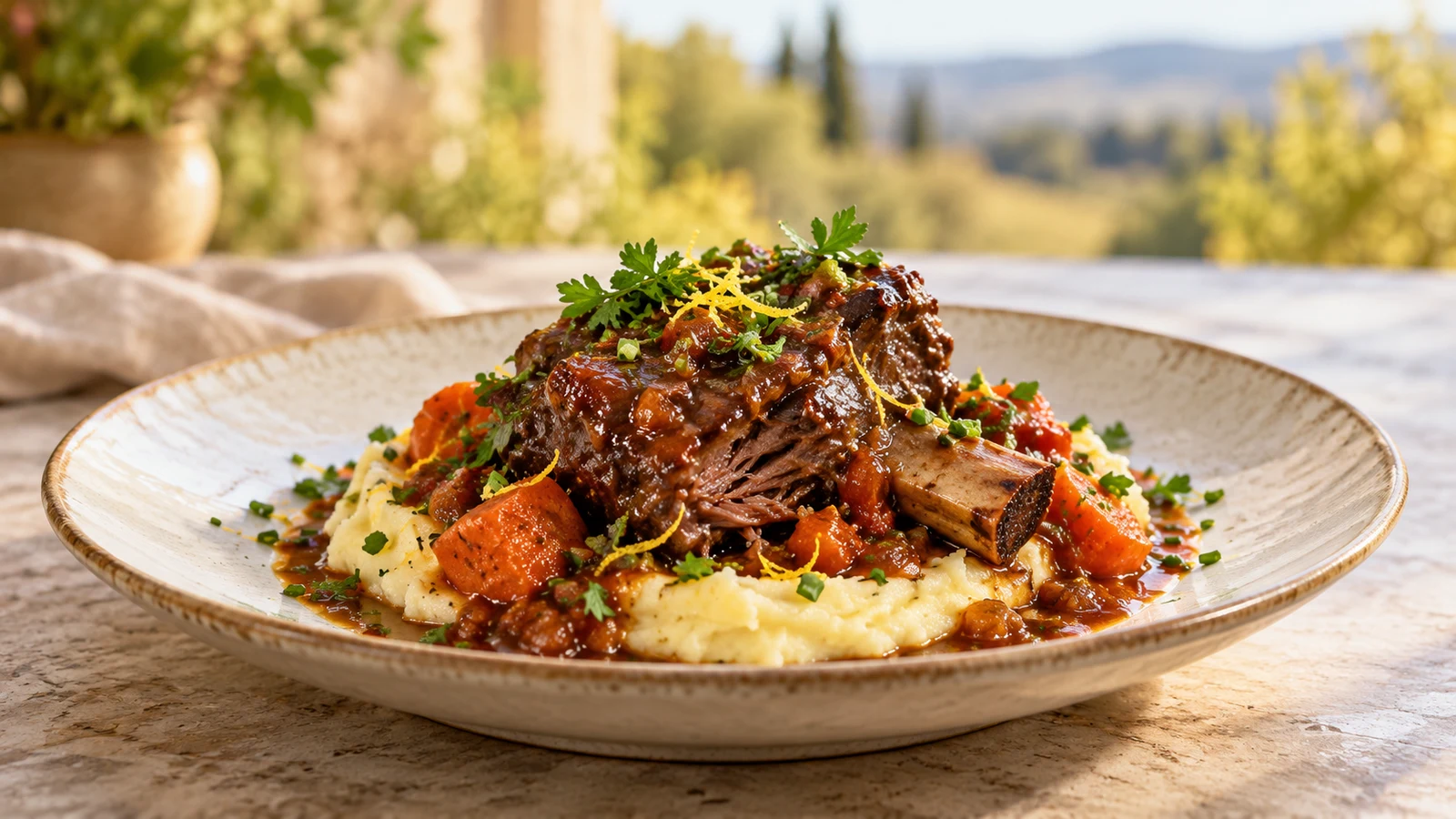 Braised beef short ribs served over creamy mashed potatoes with herbs and lemon zest.