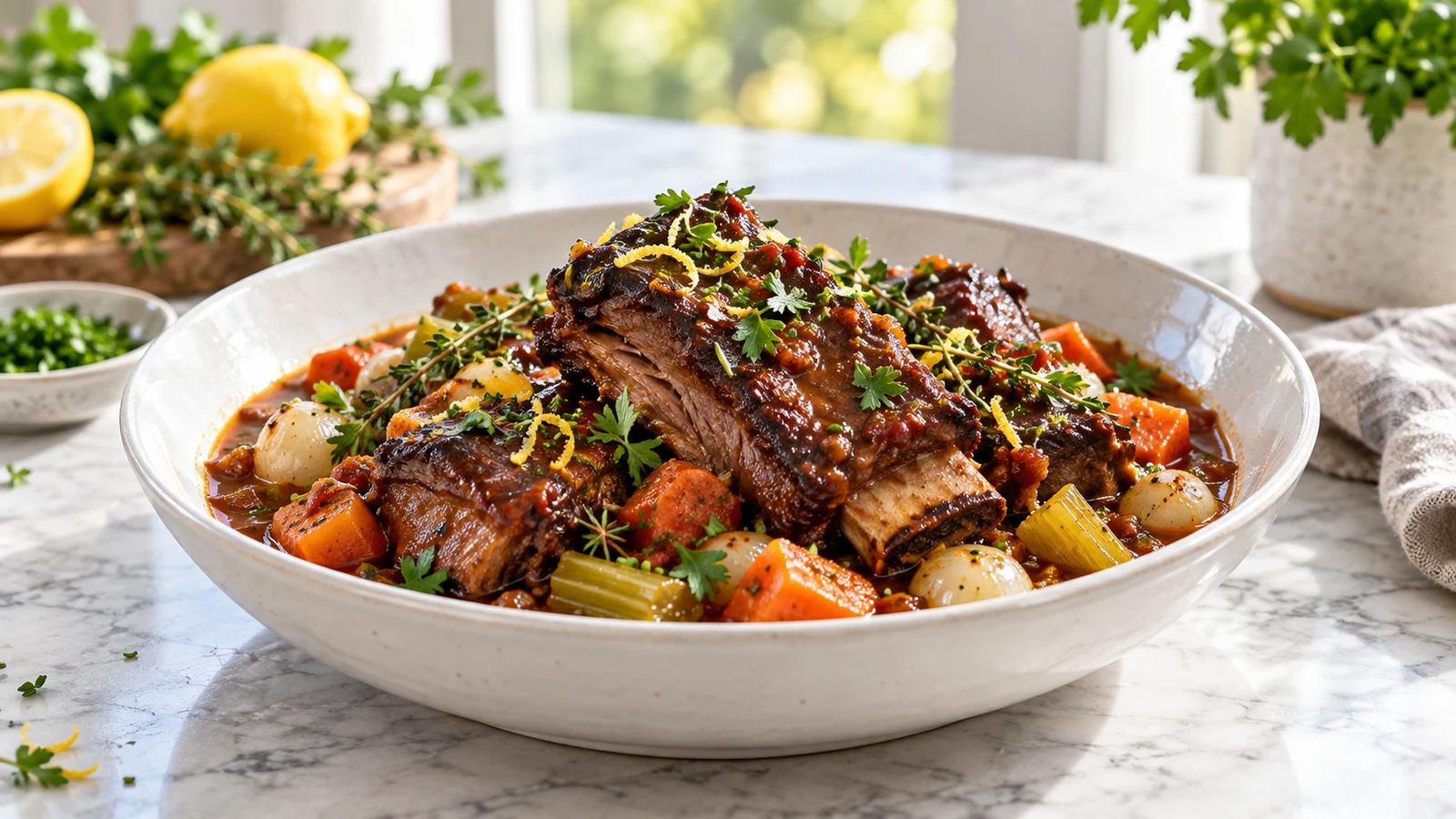 Braised beef short ribs in glossy sauce with tender vegetables and a fresh herb garnish.