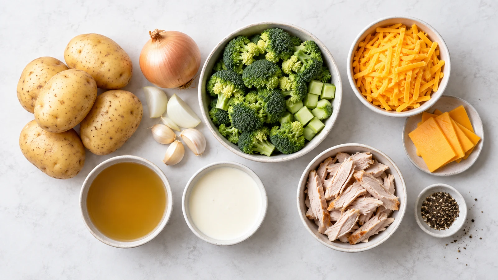 Broccoli and potato soup recipe: broccoli and potato soup ingredients arranged in a bright, organized overhead flat lay.