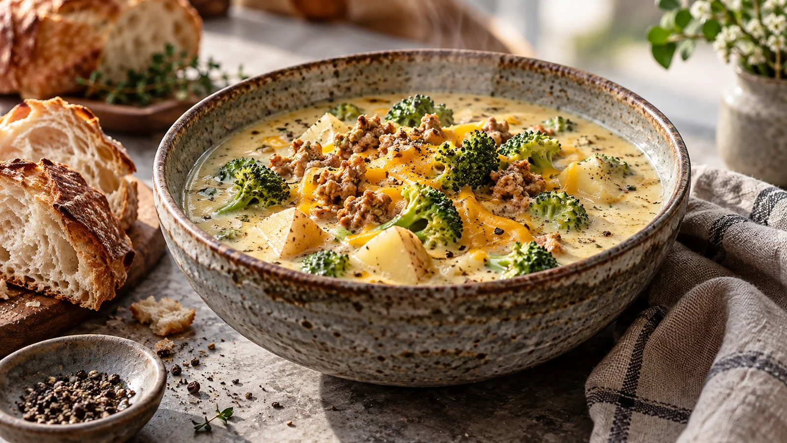 Broccoli and potato soup served with cheddar, broccoli, crisp turkey crumbs and crusty bread.